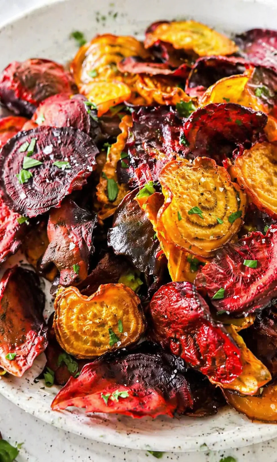 Colorful roasted beet and root-vegetable chips in a white dish, garnished with parsley.