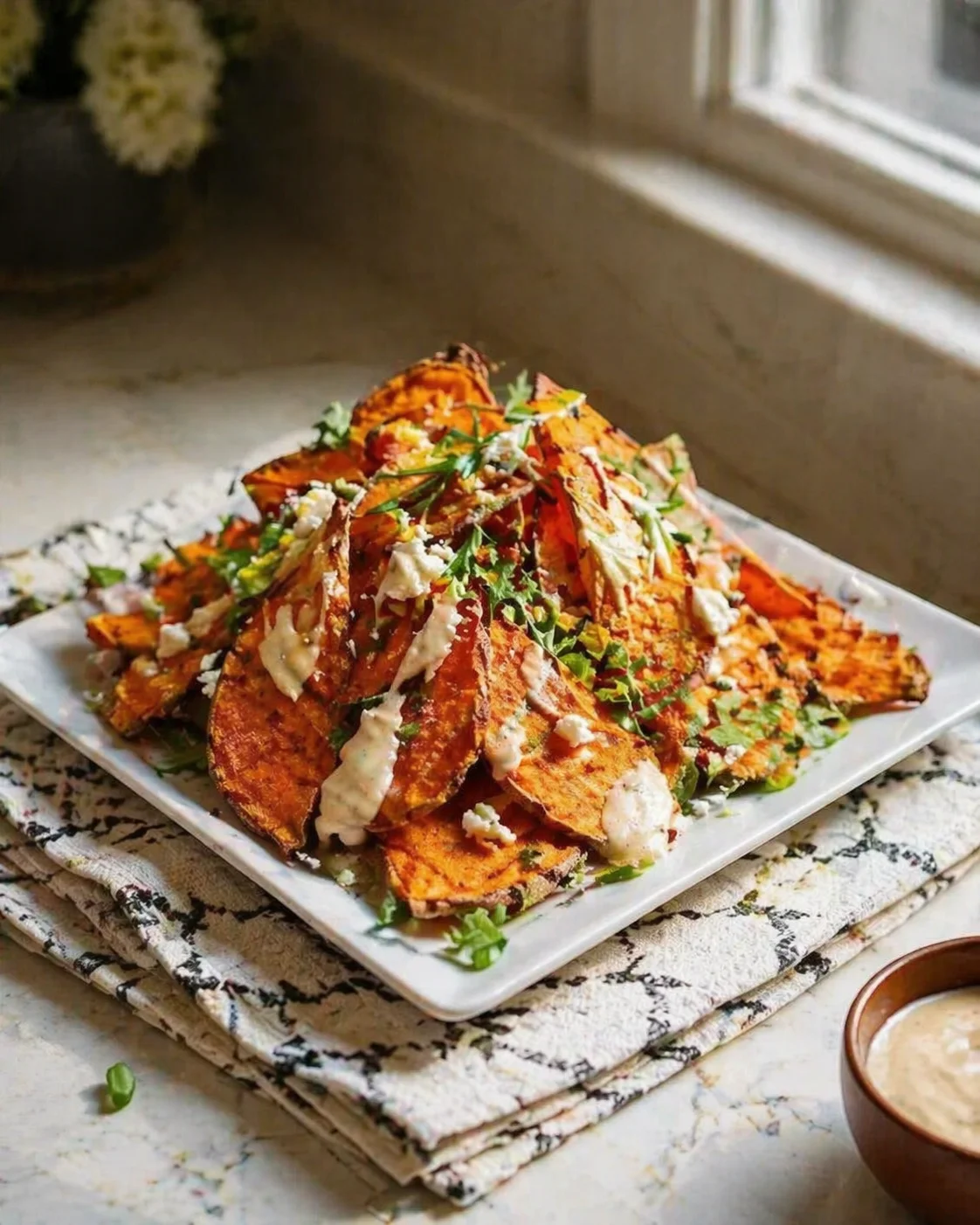 Pile of roasted sweet potato wedges topped with feta and fresh herbs on a white plate.