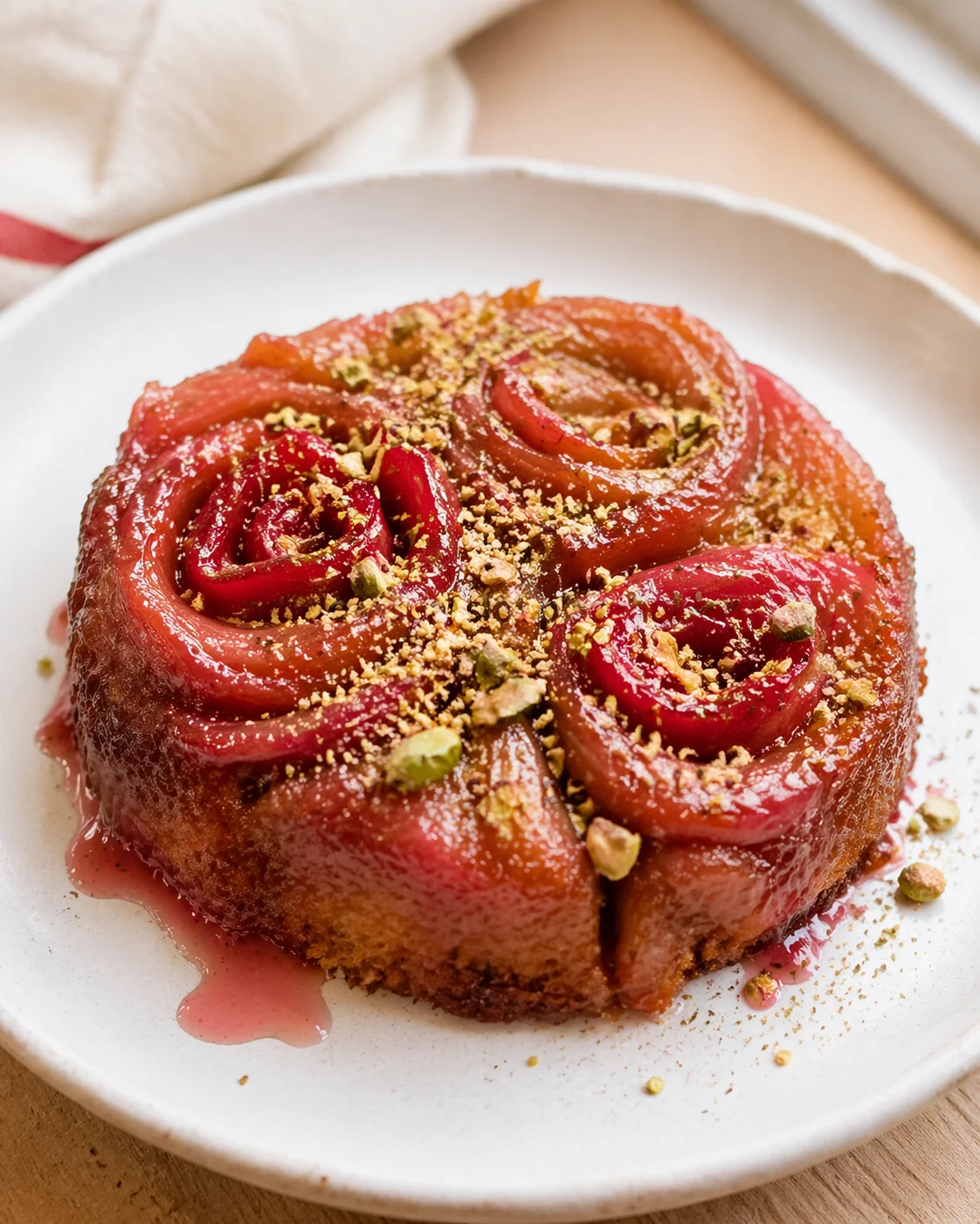 Round cake topped with apple-rose slices, pink glaze, pistachio crumbles on a white plate.