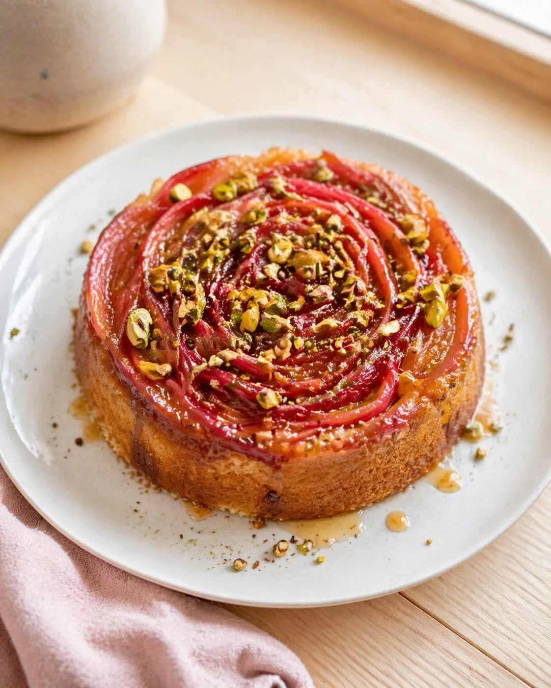 Round cake with pink glaze shaped like rose petals, topped with chopped pistachios.