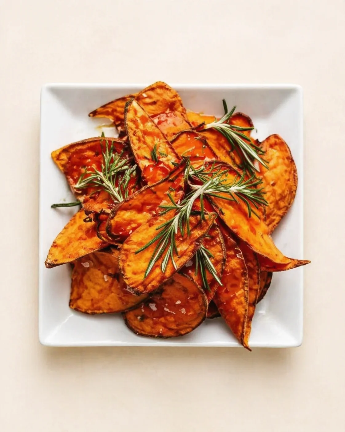 white square plate piled with orange roasted sweet potato wedges garnished with rosemary