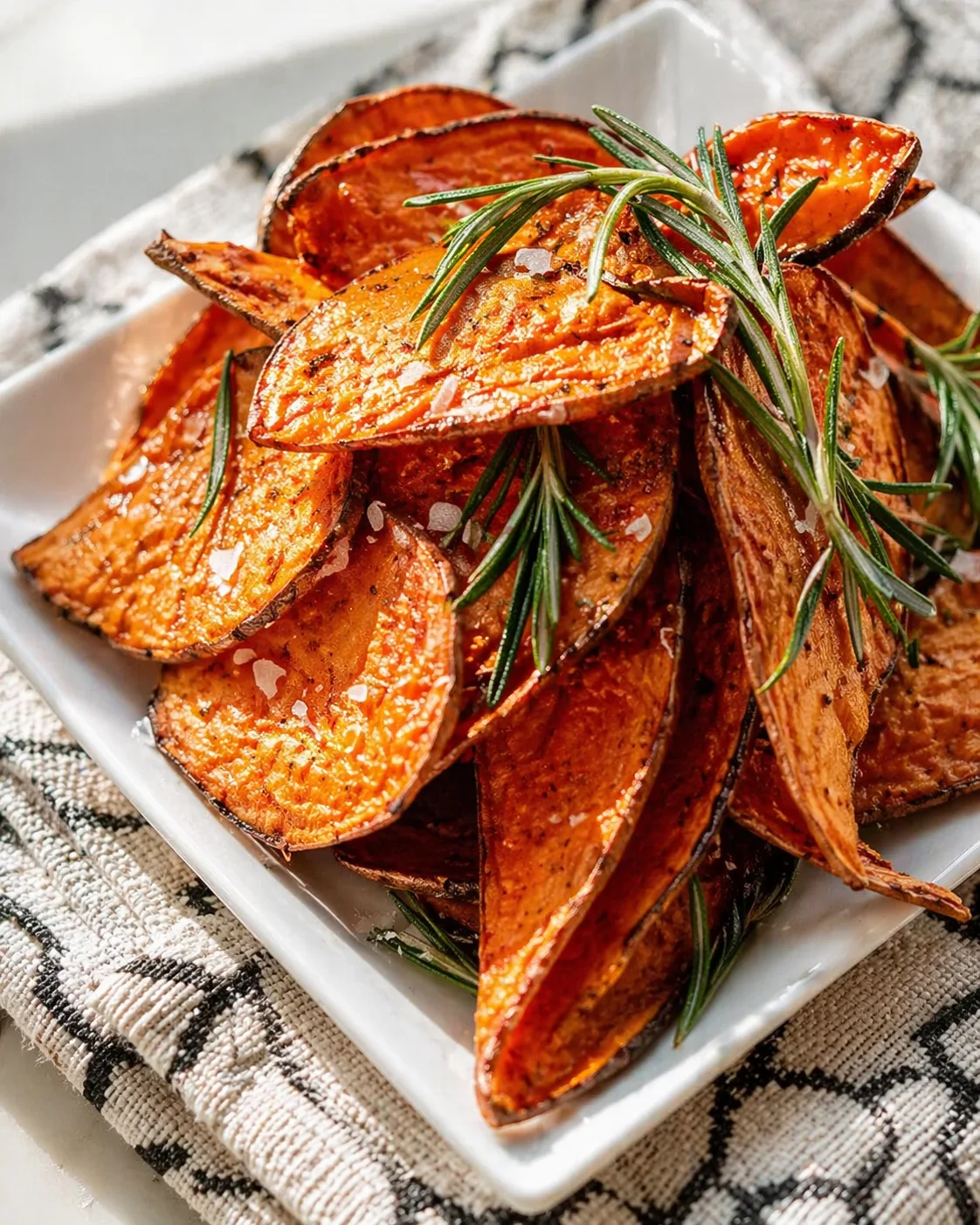 Plate of crispy rosemary-roasted sweet potato wedges sprinkled with sea salt.