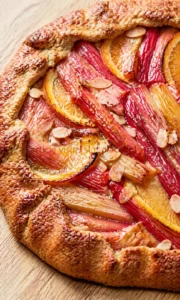Rustic fruit galette with orange slices, almond toppings, and a golden crust on a wooden board.