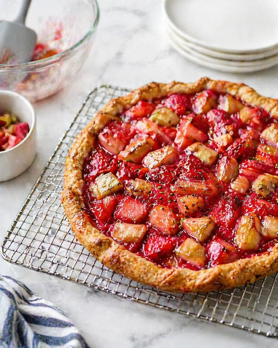 Rustic galette with glossy strawberries on a golden crust cooling on a wire rack