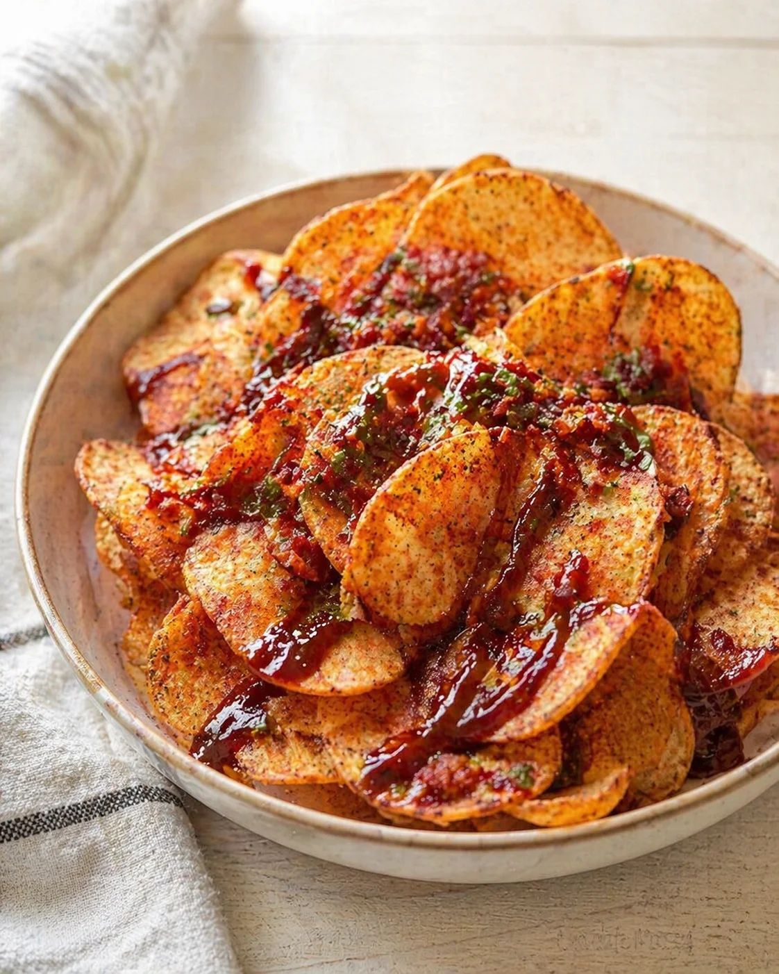 bowl of seasoned potato chips with red glaze and herbs on wooden table