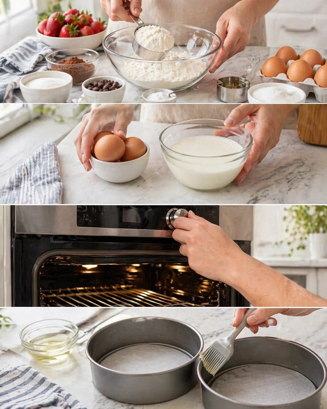 Collage of baking prep: ingredients in bowls, eggs and milk, oven preheating, and greased pans.