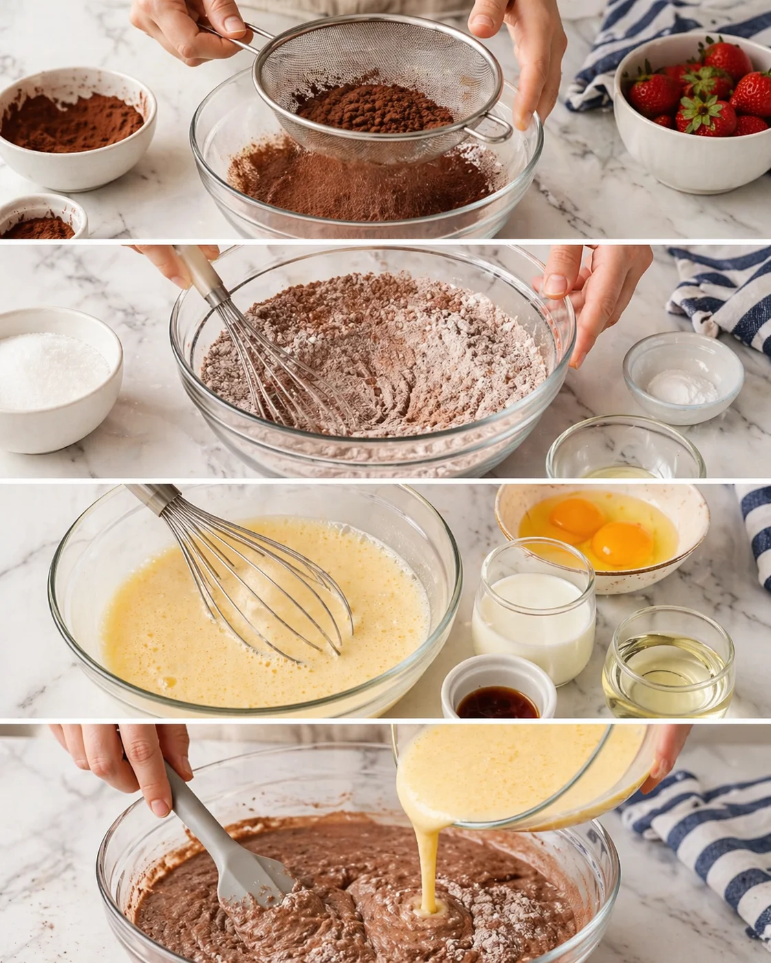 collage of kitchen steps showing sifting cocoa, whisking dry ingredients, and mixing wet ingredients for batter