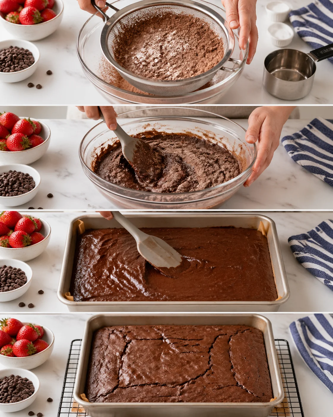 collage showing brownie-making steps: sifting cocoa, mixing batter, and baking in a pan