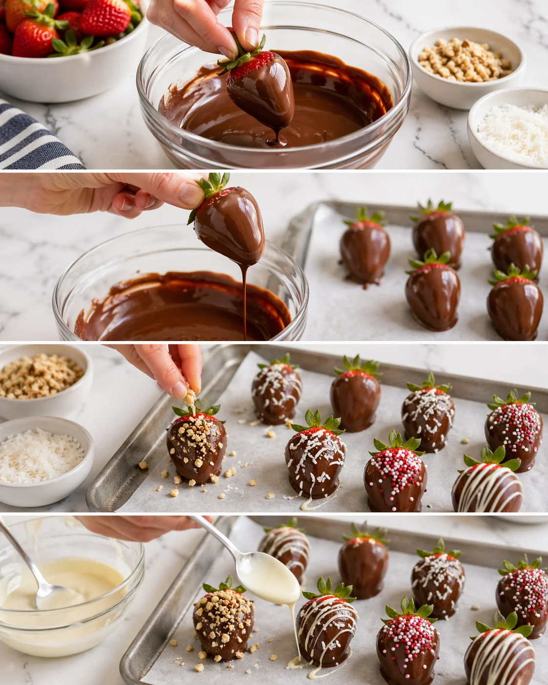 hands dipping strawberries into melted chocolate with toppings on a marble countertop