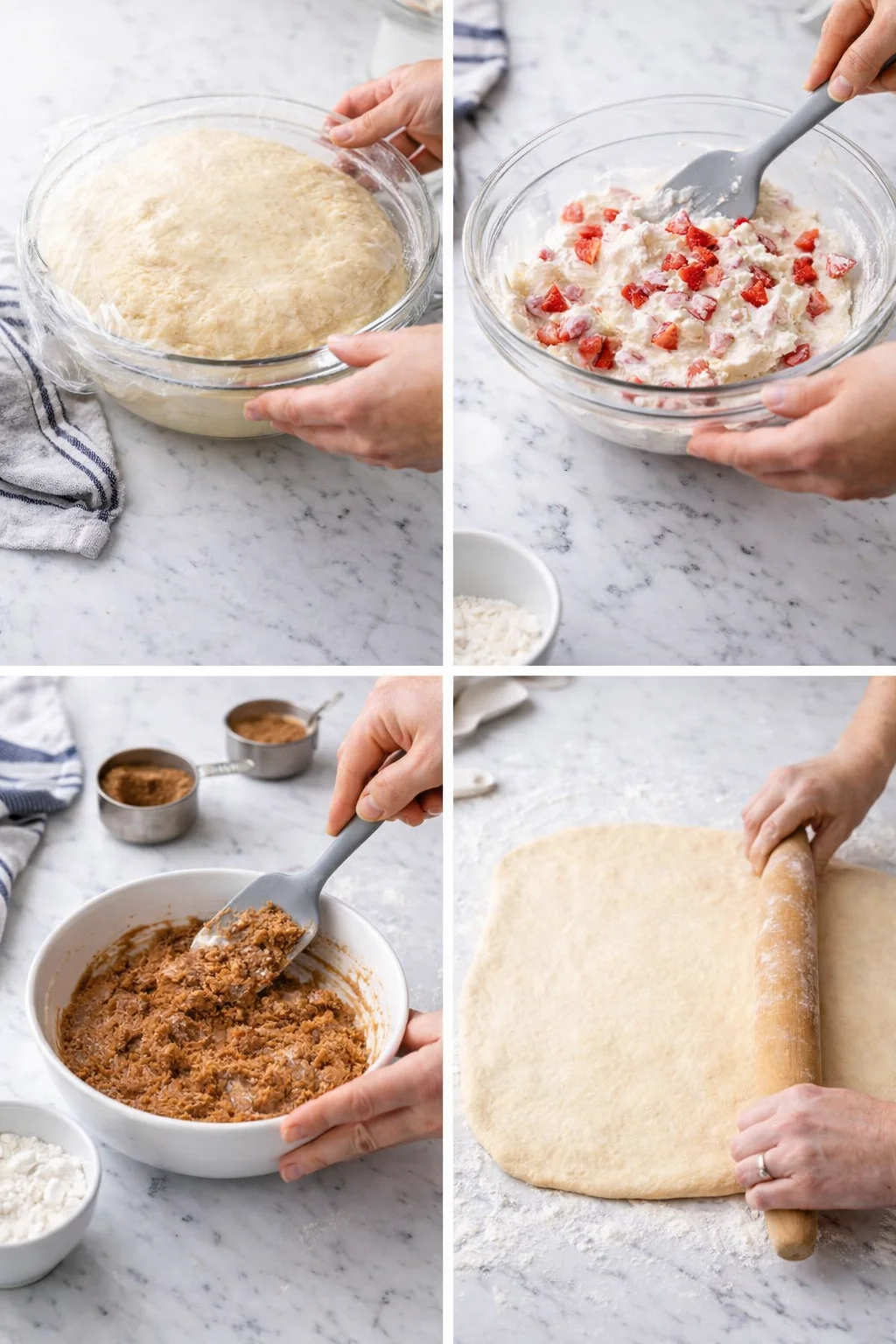 Four-panel collage showing rising dough, strawberry-cream filling, cinnamon filling, rolled dough on a marble countertop