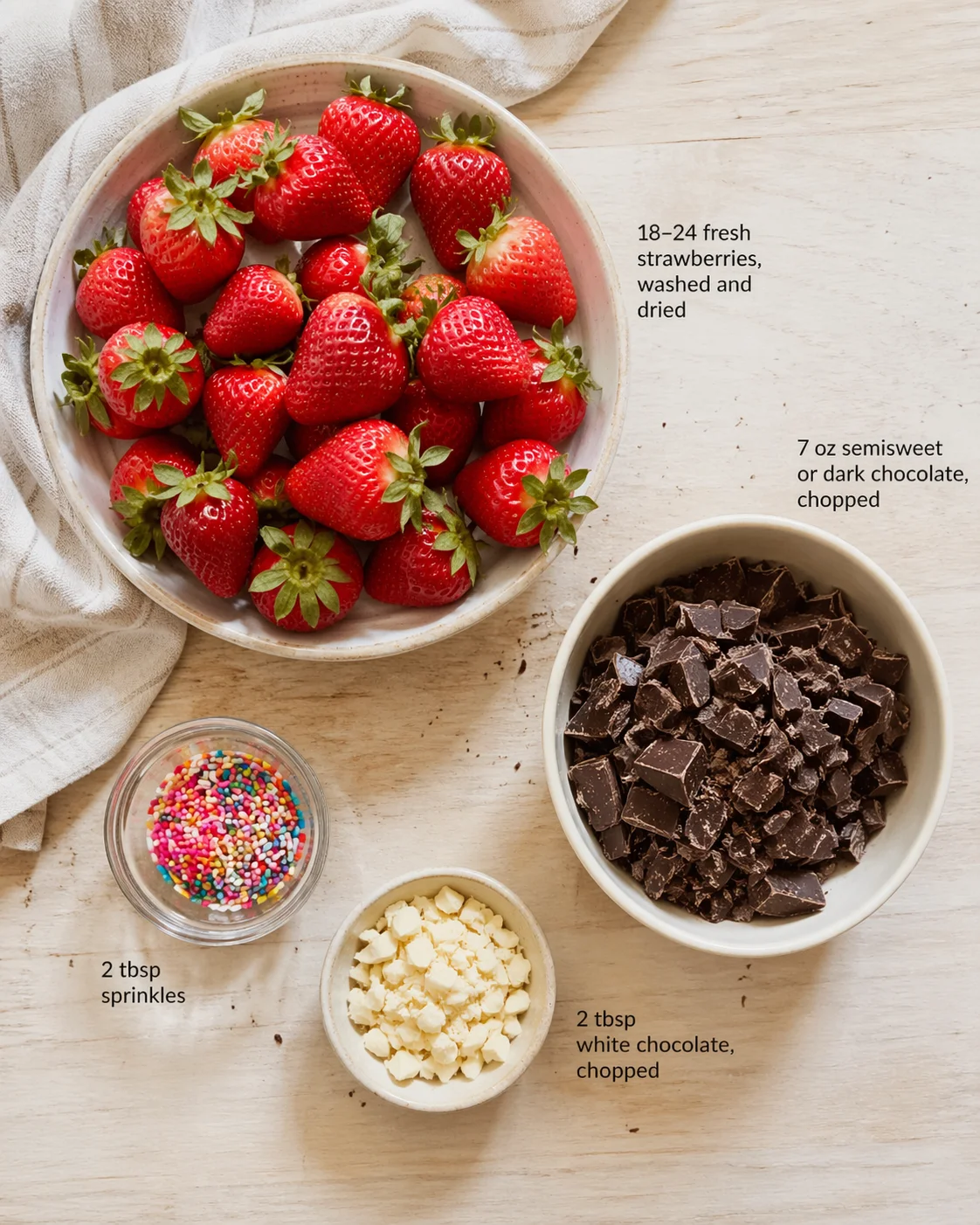 Top-down view of bowls with fresh strawberries, chopped dark chocolate, white chocolate, and sprinkles.