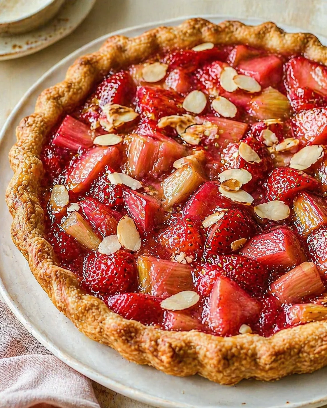 Rustic strawberry tart with almond slices on a white plate.