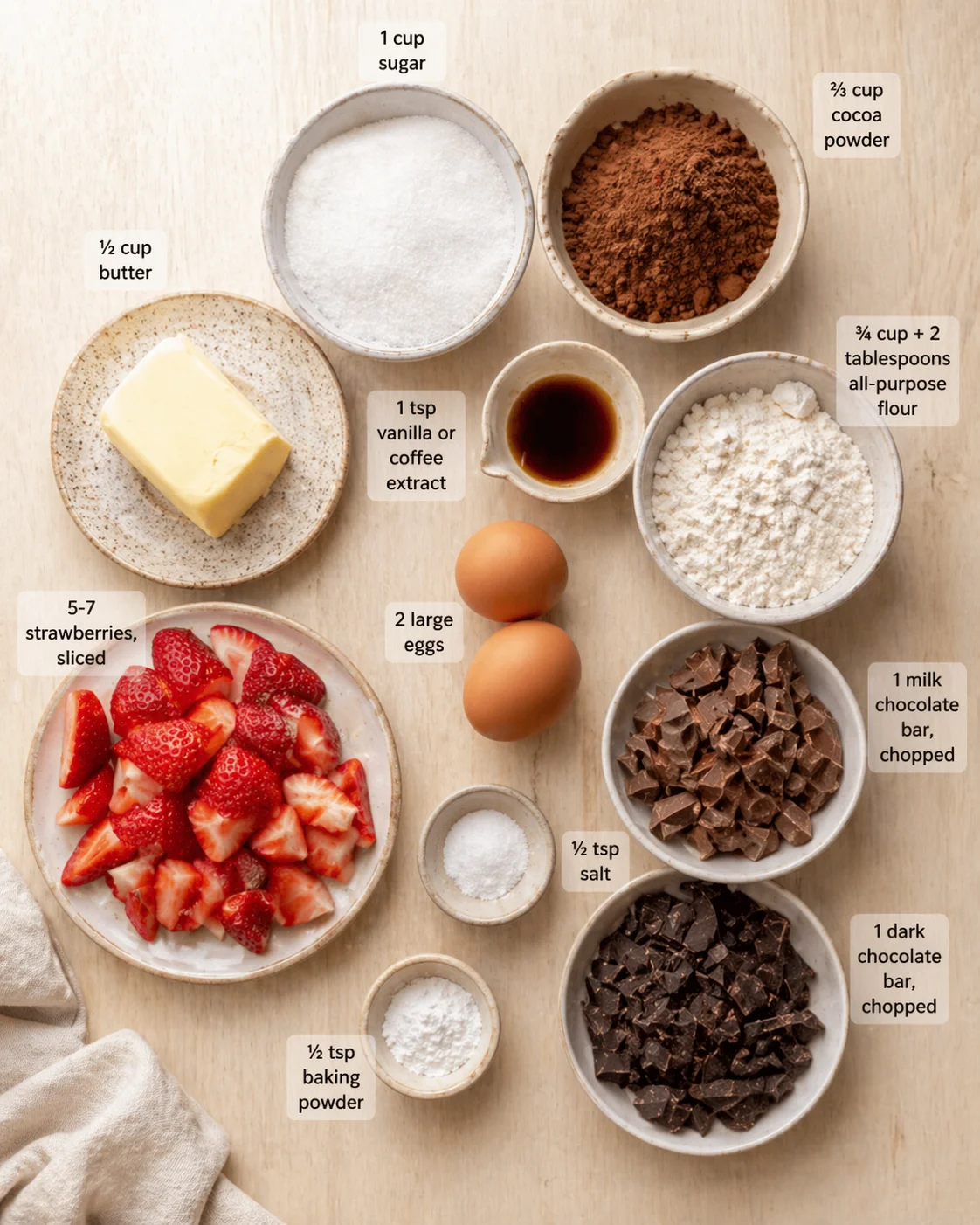 Top-down view of strawberries, butter, chocolate, and baking ingredients arranged with labels on a wooden surface.
