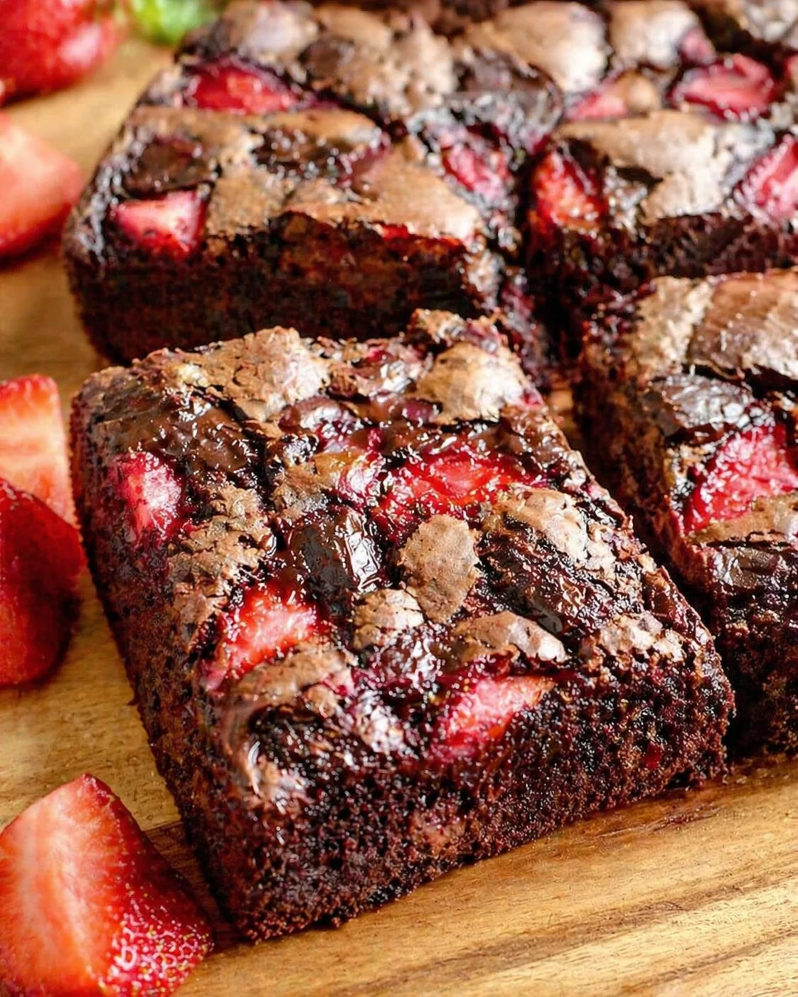 Dark fudgy brownie square with visible strawberries on a wooden board