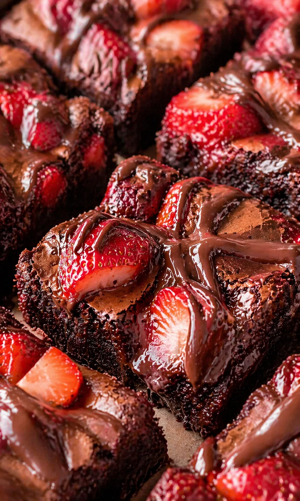 close-up of fudgy chocolate brownie bites with fresh strawberry halves and glossy chocolate drizzle