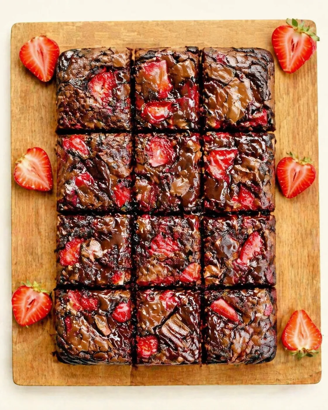 Glazed strawberry-chocolate brownies cut into squares on a wooden board with strawberry halves.