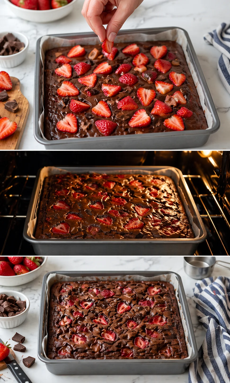 baking pan of chocolate brownie batter topped with fresh strawberry halves on a marble countertop