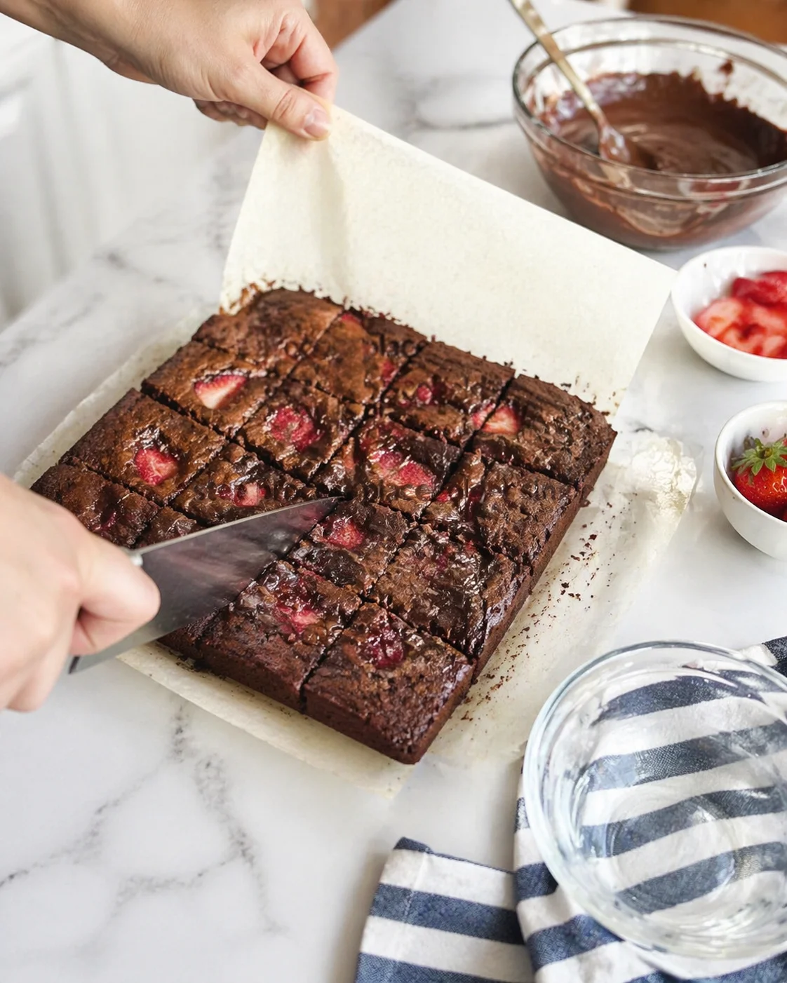 brownies with visible strawberry pieces being cut into square pieces on parchment