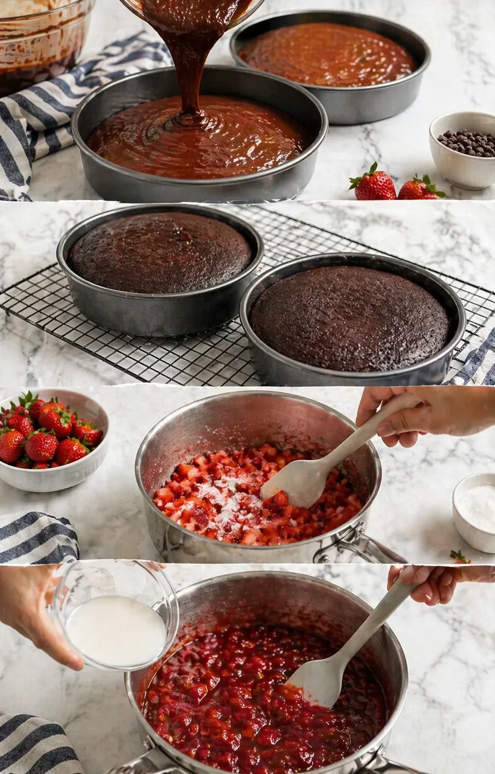collage showing chocolate ganache pouring, cooling cake rounds, and strawberry filling being prepared