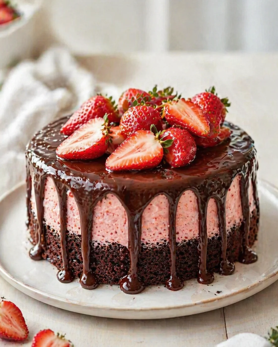 Round chocolate-drip cake with pink strawberry mousse layer, topped with fresh strawberries.