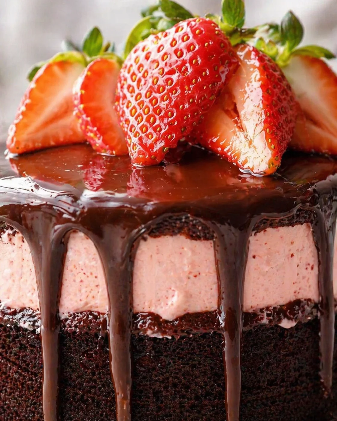 Close-up of chocolate-drip cake topped with fresh strawberry slices and glossy ganache.