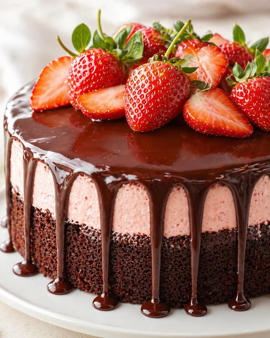 glossy chocolate-drip cake topped with fresh strawberries on a white plate
