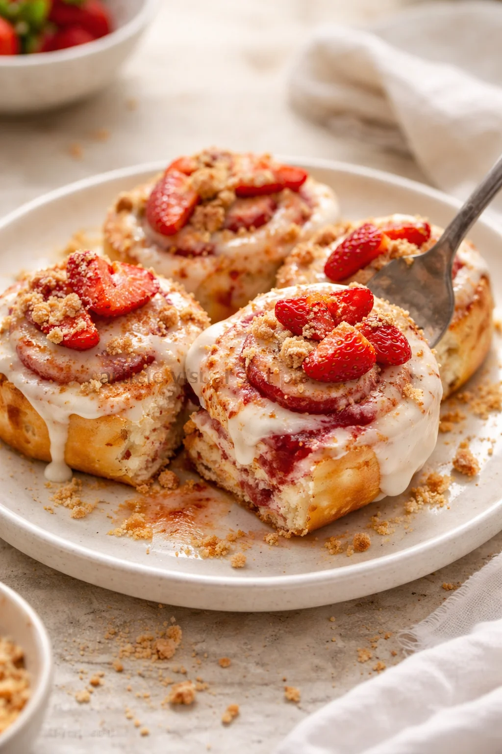 three strawberry-topped cinnamon rolls with glossy icing on a beige plate.