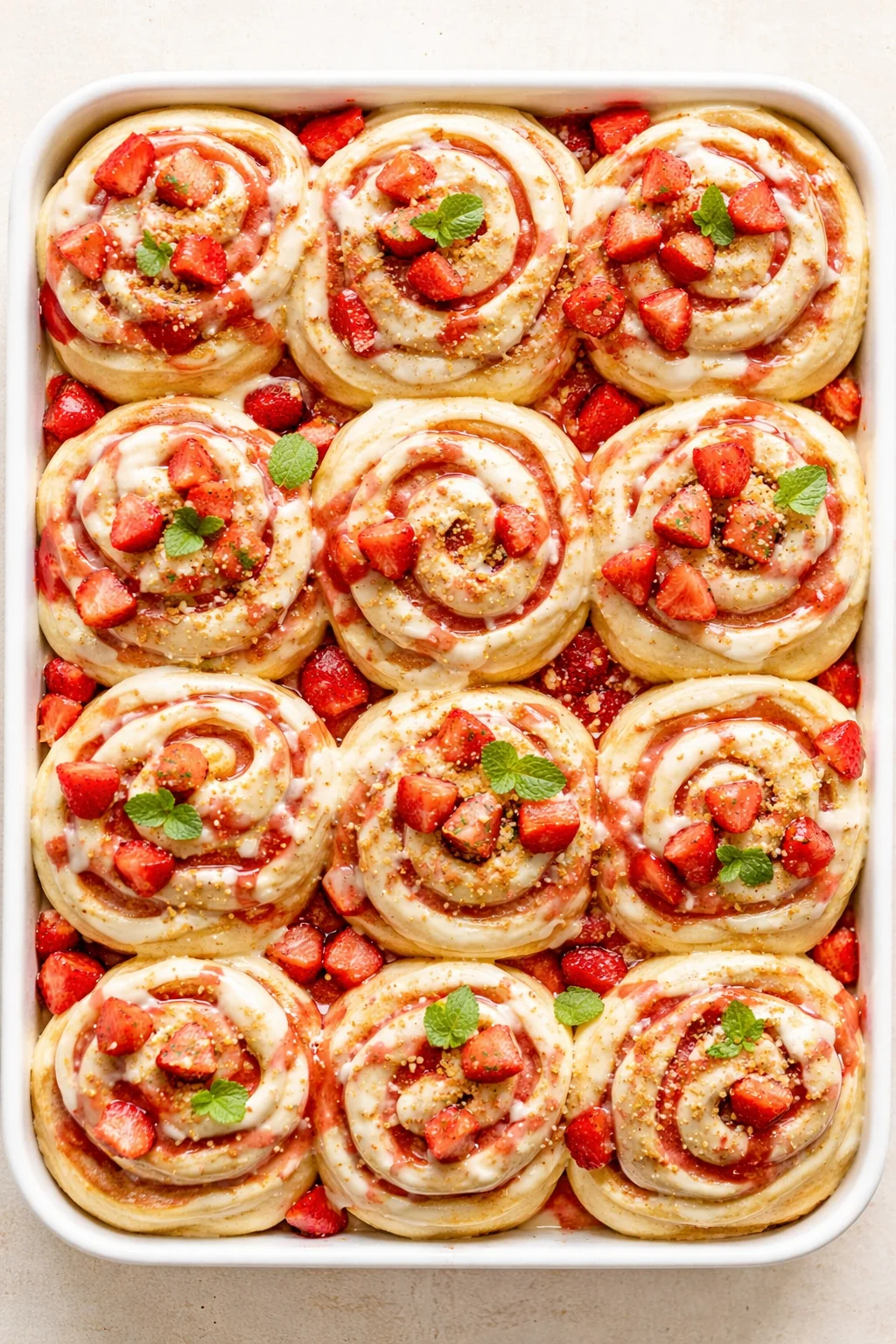 twelve strawberry-studded cinnamon rolls in a white baking dish, iced and garnished with mint.