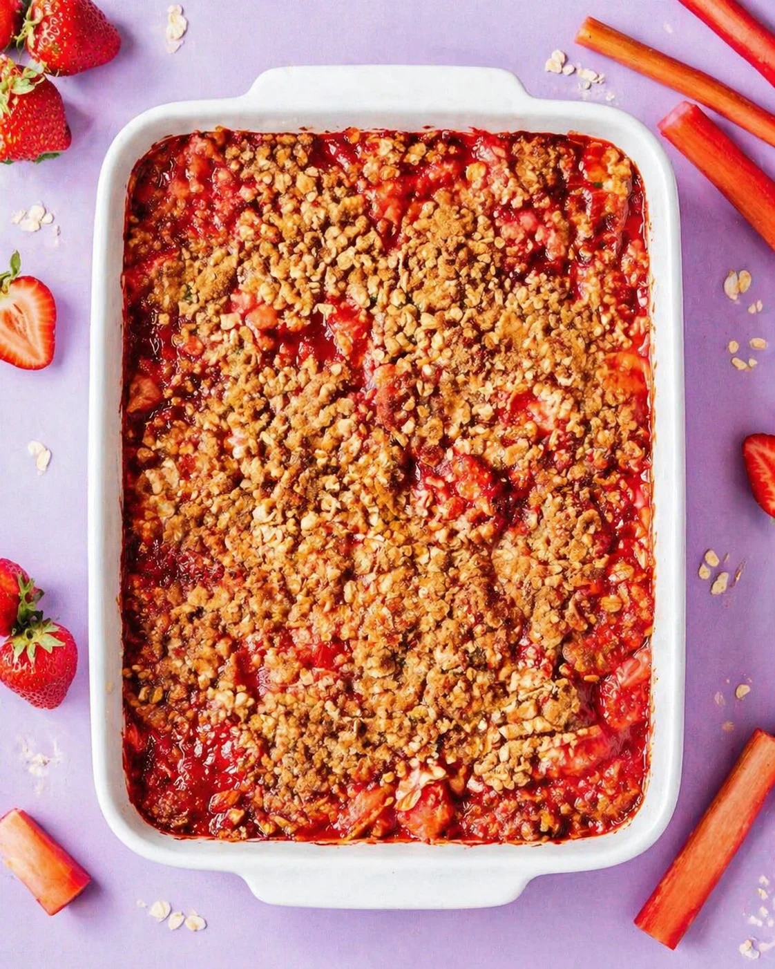 white rectangular baking dish with strawberry crumble on purple surface, surrounded by strawberries, rhubarb stalks, and oats