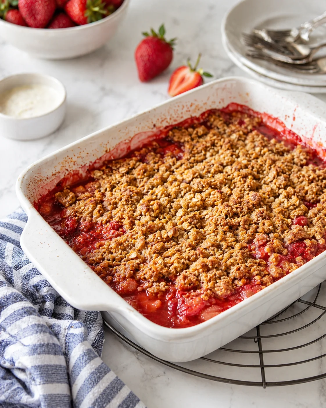 Strawberry crumble baked in a white dish with golden-brown topping on a marble countertop.