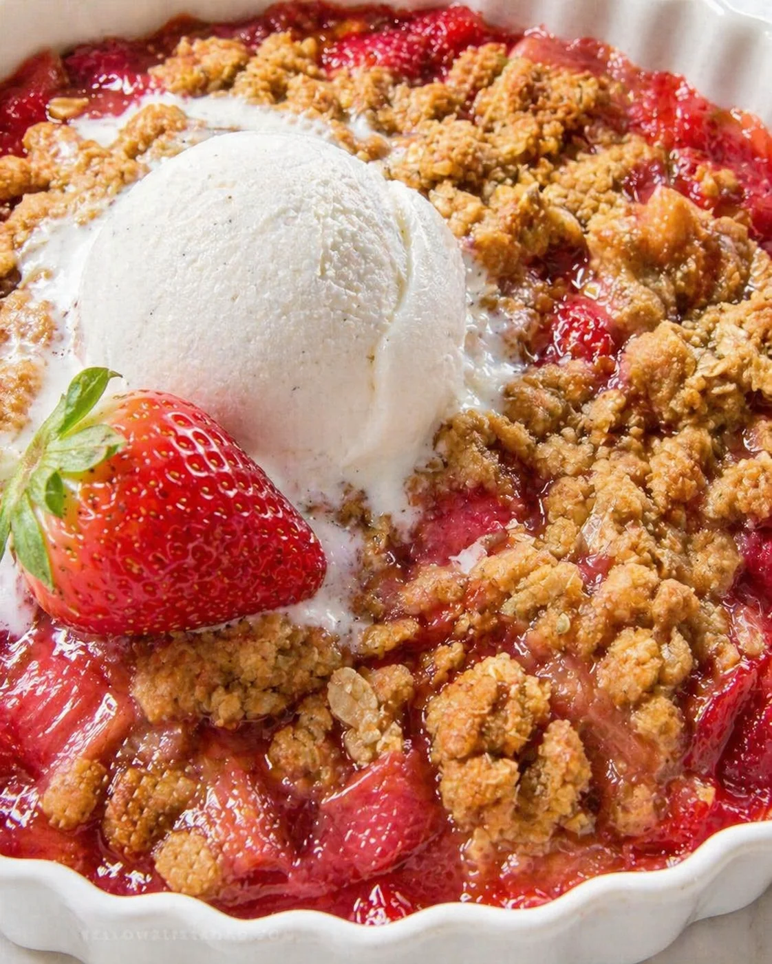 A strawberry crumble dessert with a scoop of vanilla ice cream in a white ceramic dish with fluted edges