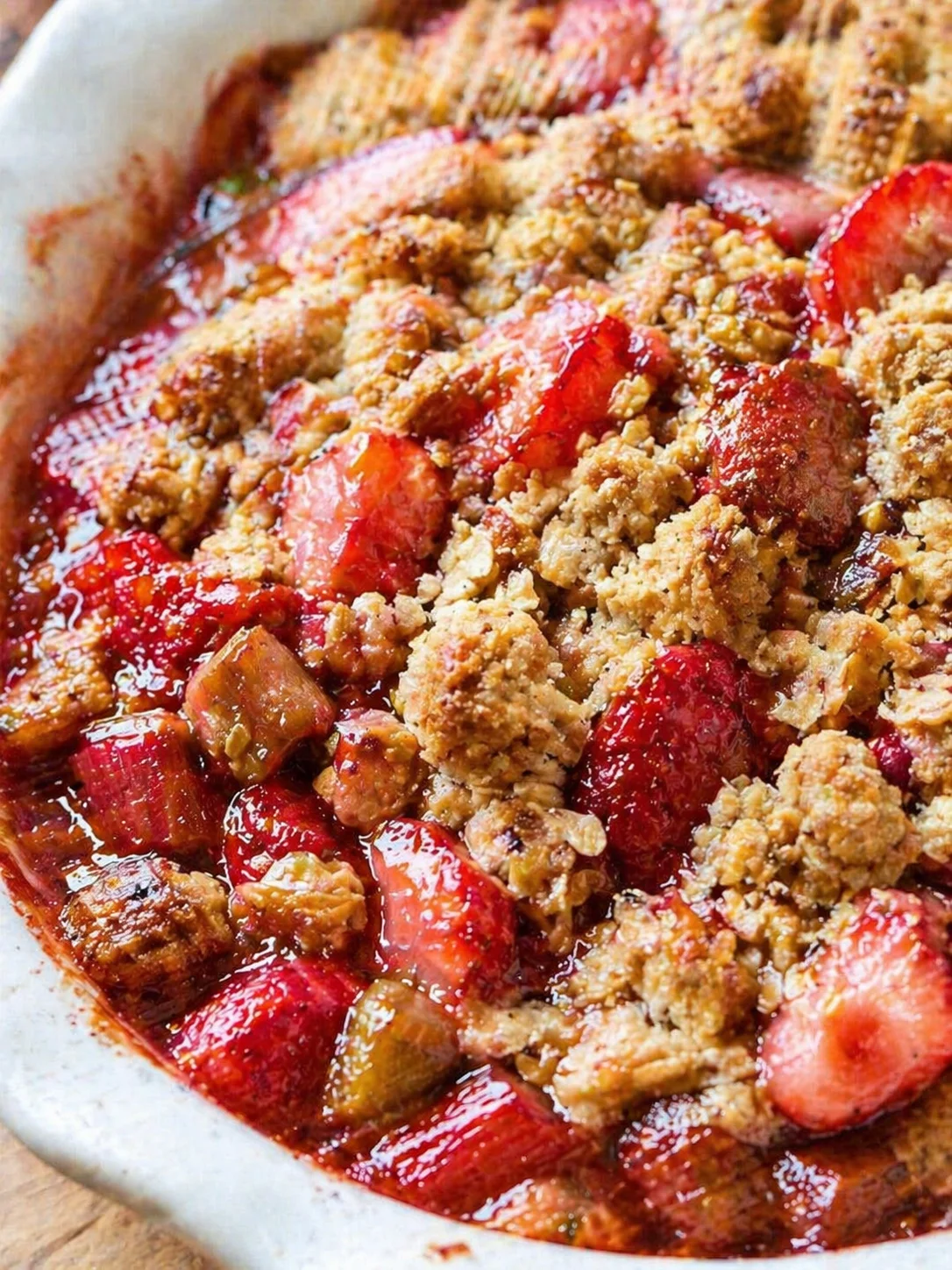 close-up of strawberry crumble in a white baking dish with golden-brown crumb topping