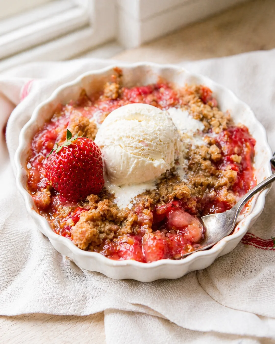 white scalloped pie dish with strawberry crumble and vanilla ice cream, garnished with a strawberry