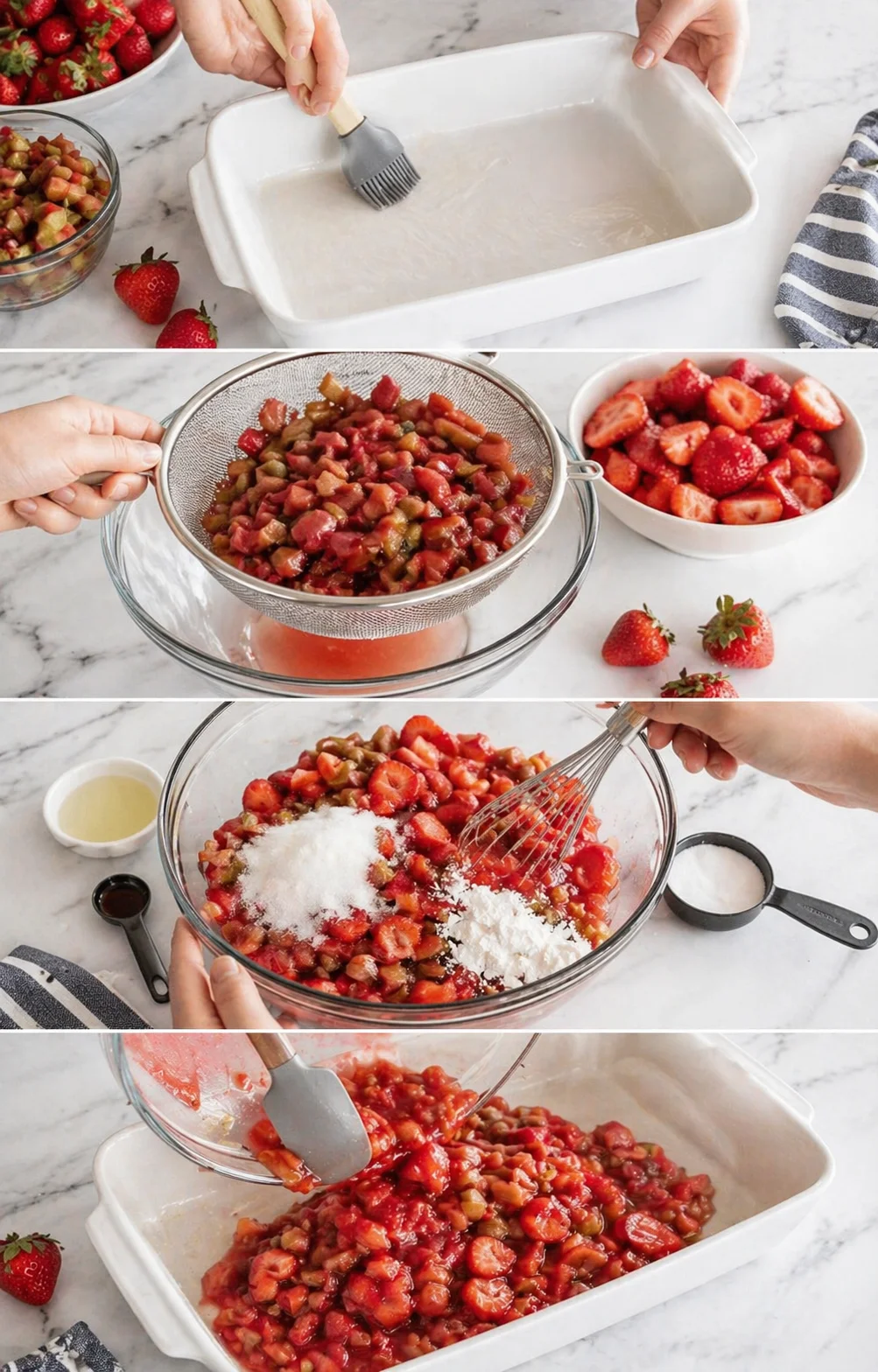 collage showing strawberries and rhubarb being prepped, strained, sugared, and mixed for baking.