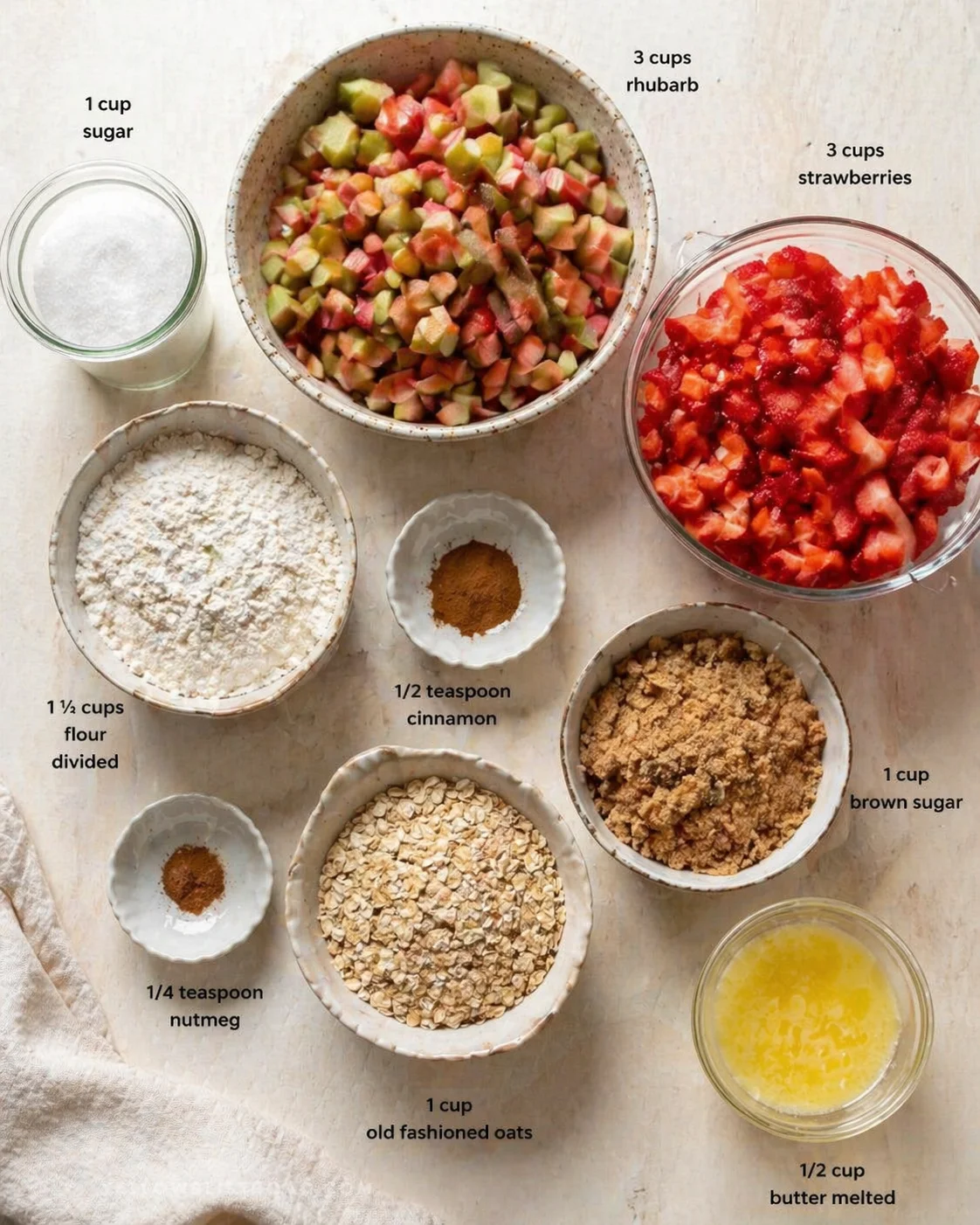 Top-down view of chopped rhubarb and strawberries with bowls of flour, oats, sugars, butter, and spices.