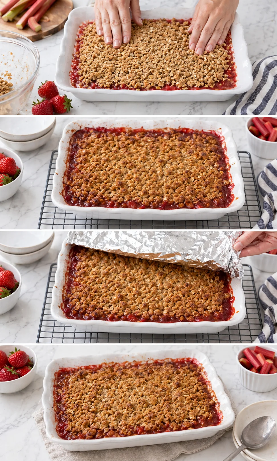Four-panel collage showing strawberry-rhubarb crumble bars being assembled on a marble countertop.