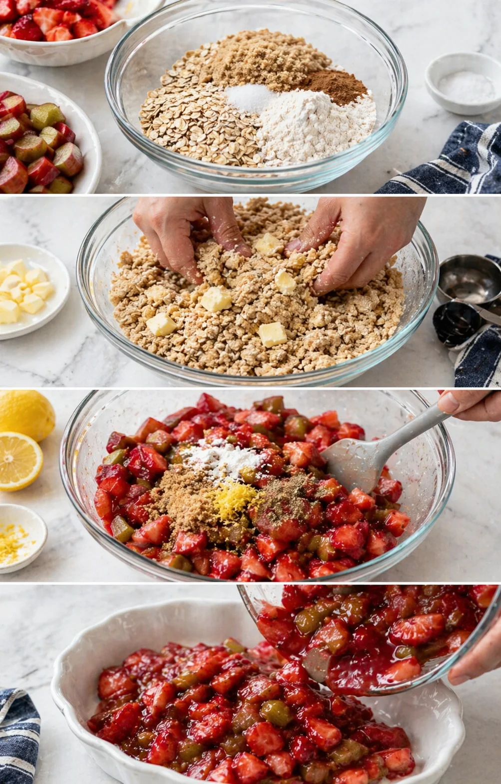 Collage showing crumble-making steps: oats and butter crumb topping, hands mixing, strawberry rhubarb filling in a glass bowl.