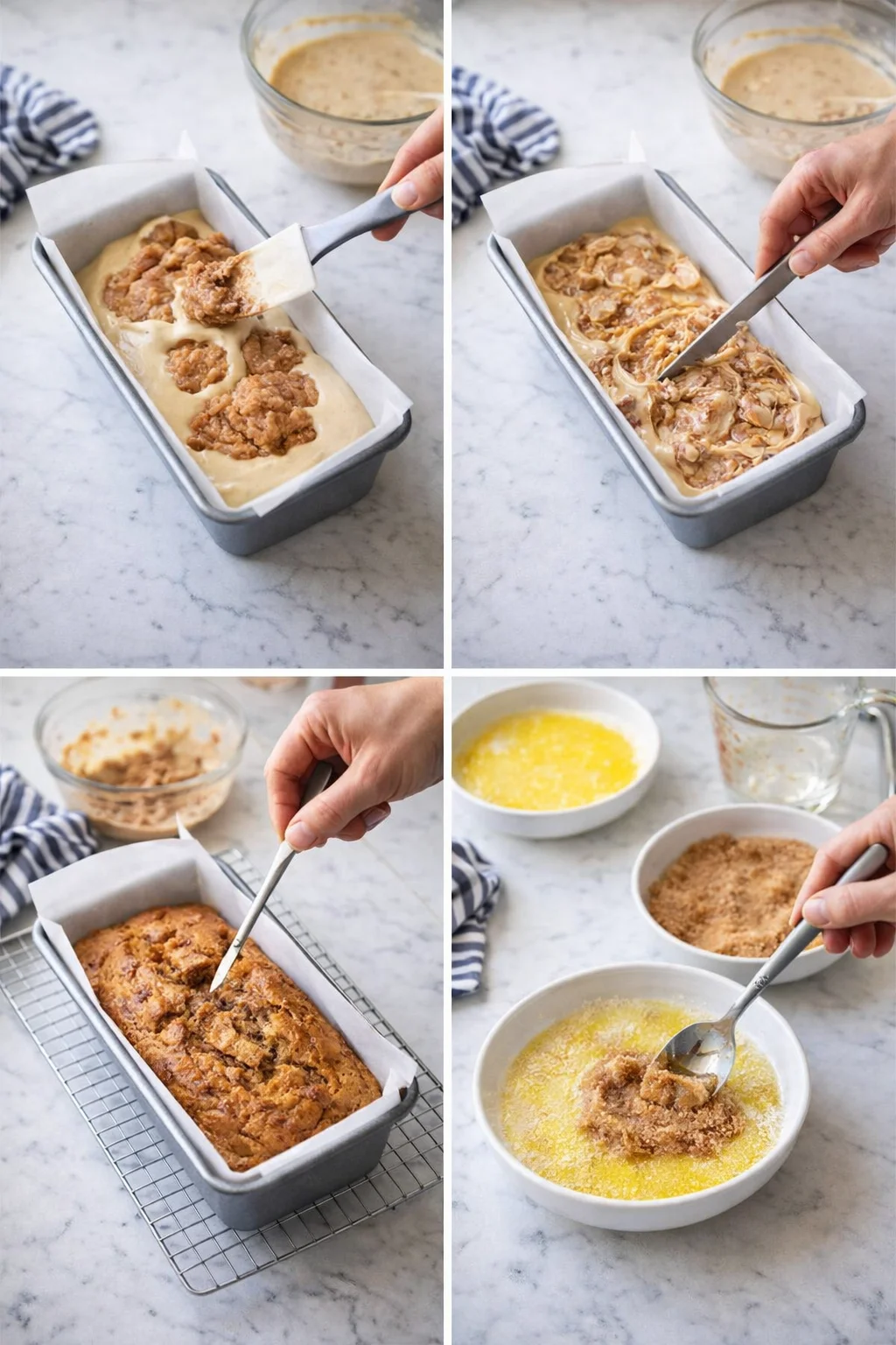 Hands prepare a loaf cake batter with crumble topping in a parchment-lined pan on a marble countertop.