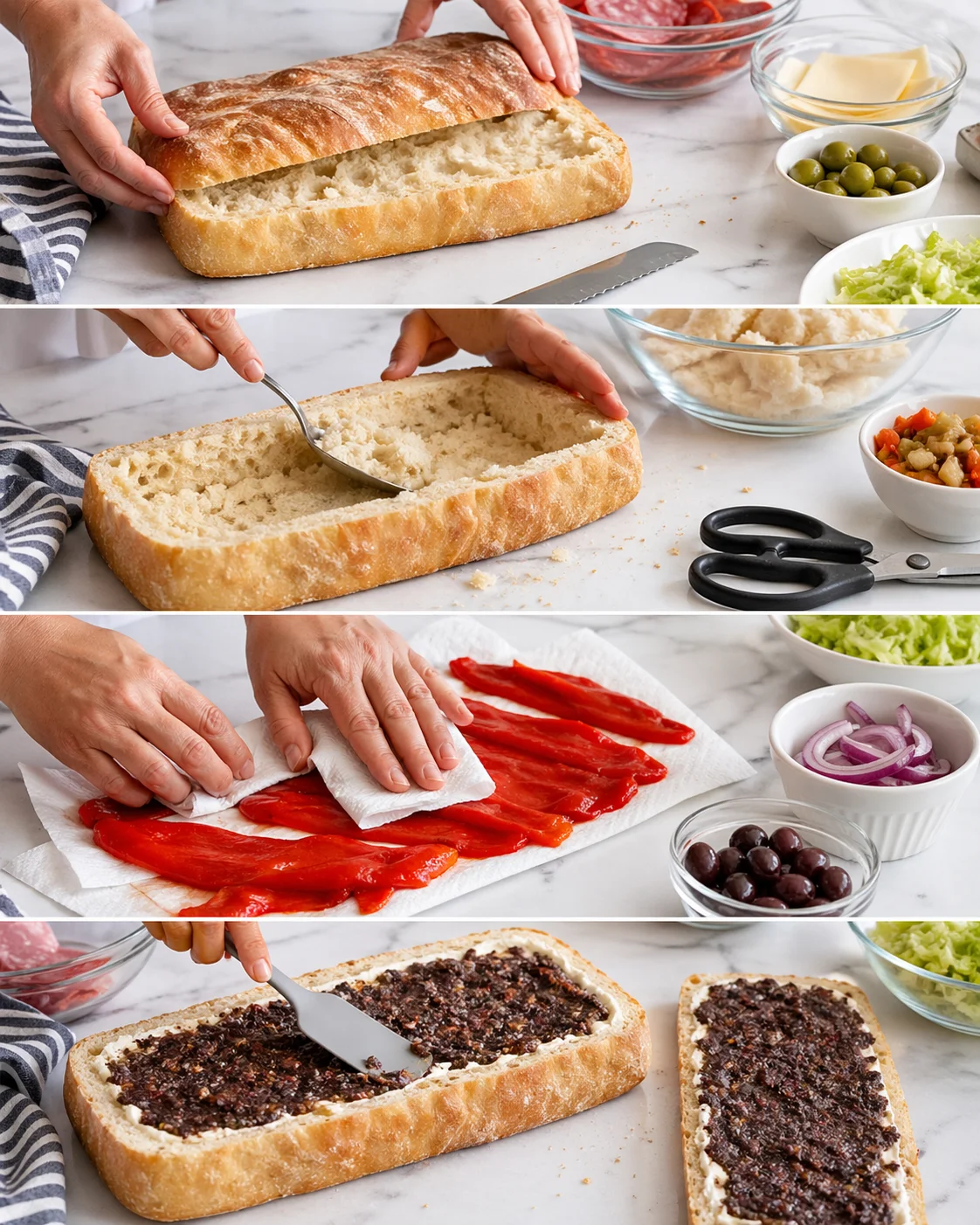 Hands hollowing a crusty loaf and assembling toppings on a marble kitchen counter.