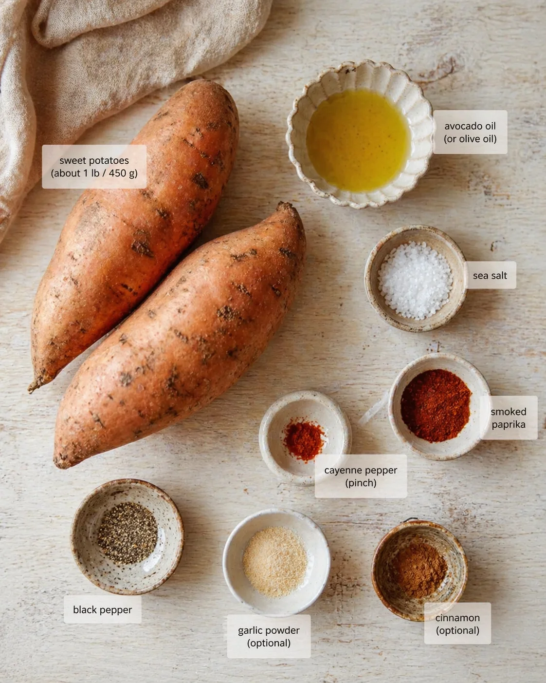 Two sweet potatoes with bowls of oil and spices on a rustic wooden surface.