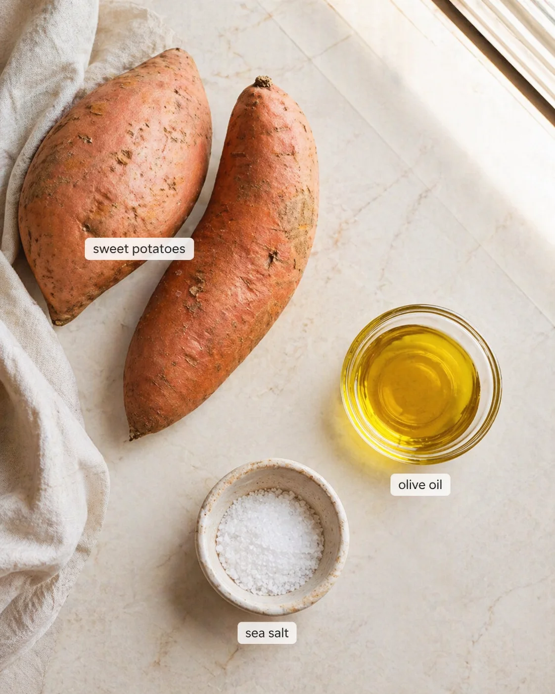 Two sweet potatoes with olive oil and sea salt on a light countertop.