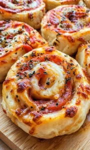 Close-up of golden-brown cheese-filled tomato pinwheel rolls on a wooden board.