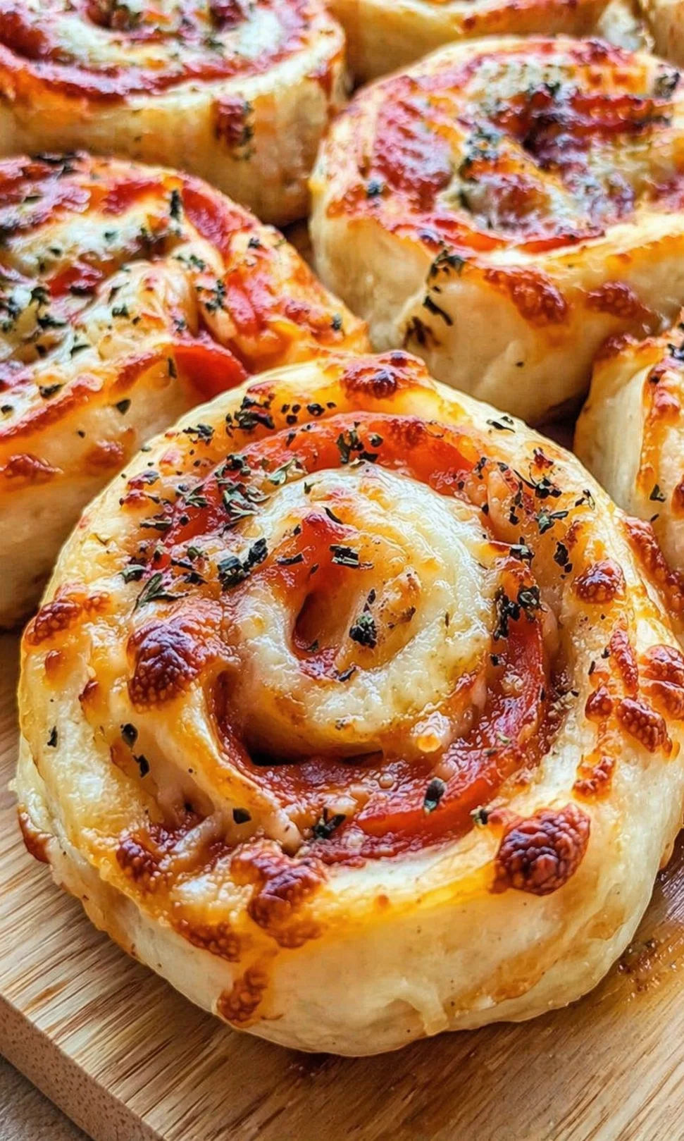 Close-up of golden-brown cheese-filled tomato pinwheel rolls on a wooden board.