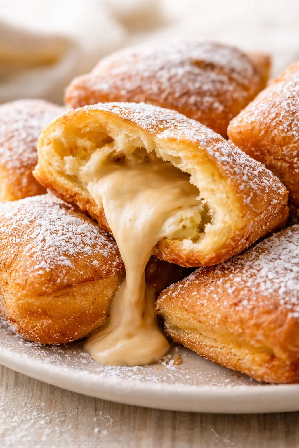 Close-up of powdered-sugar doughnuts on a white plate, with vanilla cream oozing from a broken one.