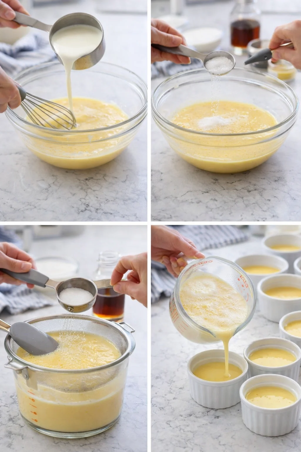 Collage showing hands whisking milk into batter, adding sugar, straining, and pouring custard into ramekins.