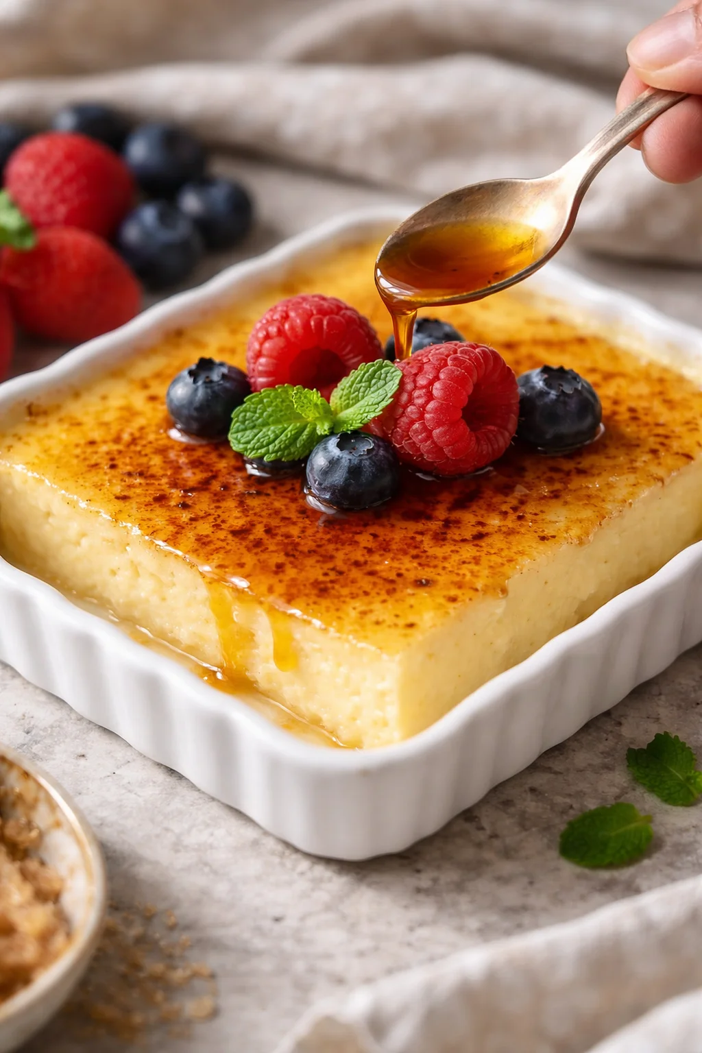 Creamy vanilla custard in a white dish, topped with caramel and berries, as honey streams from a spoon.