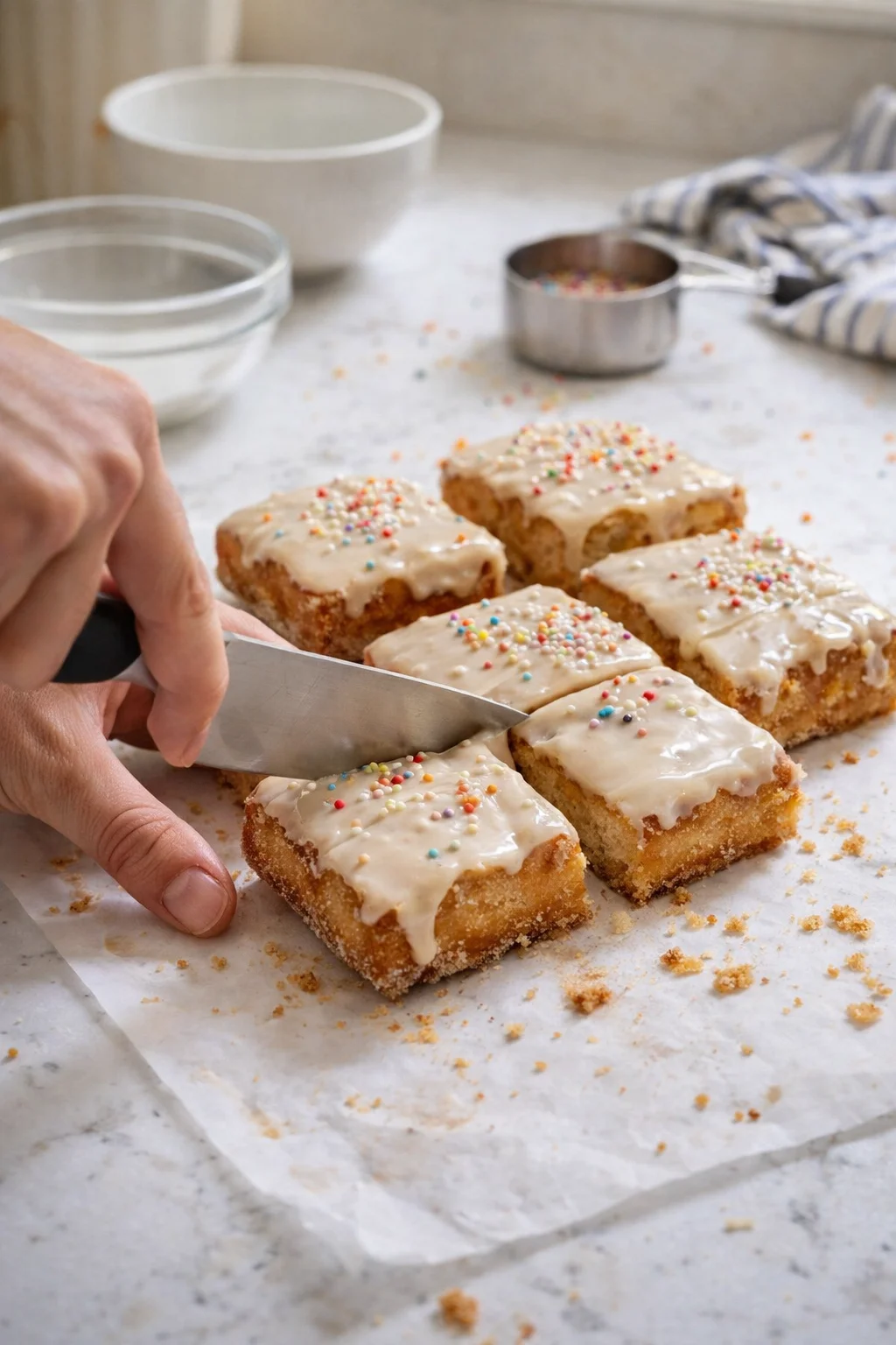 Close-up of hand slicing vanilla-glazed sprinkle-topped bars on parchment on a marble counter