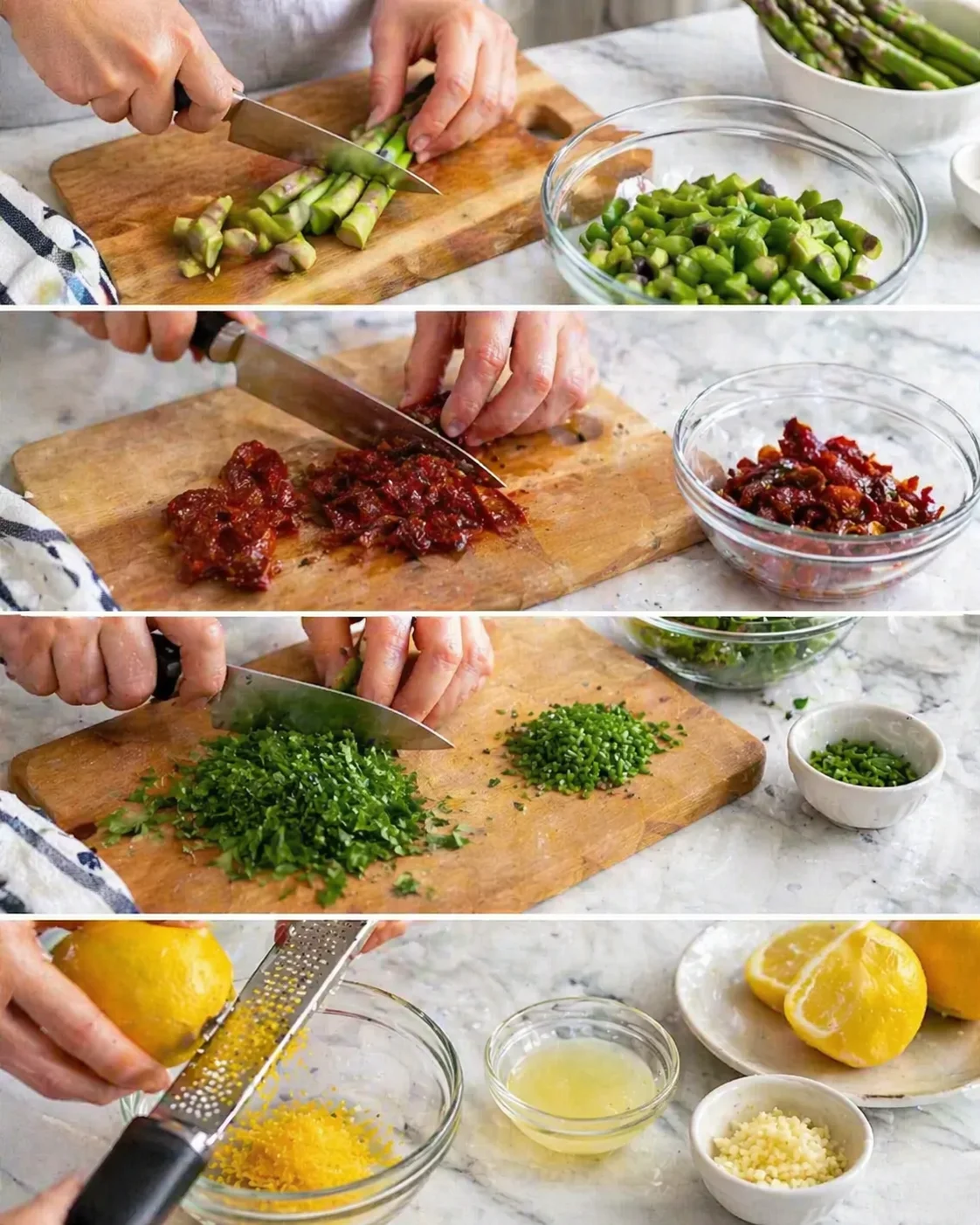 collage of hands chopping asparagus, sun-dried tomatoes, herbs, and lemon zest on a kitchen counter