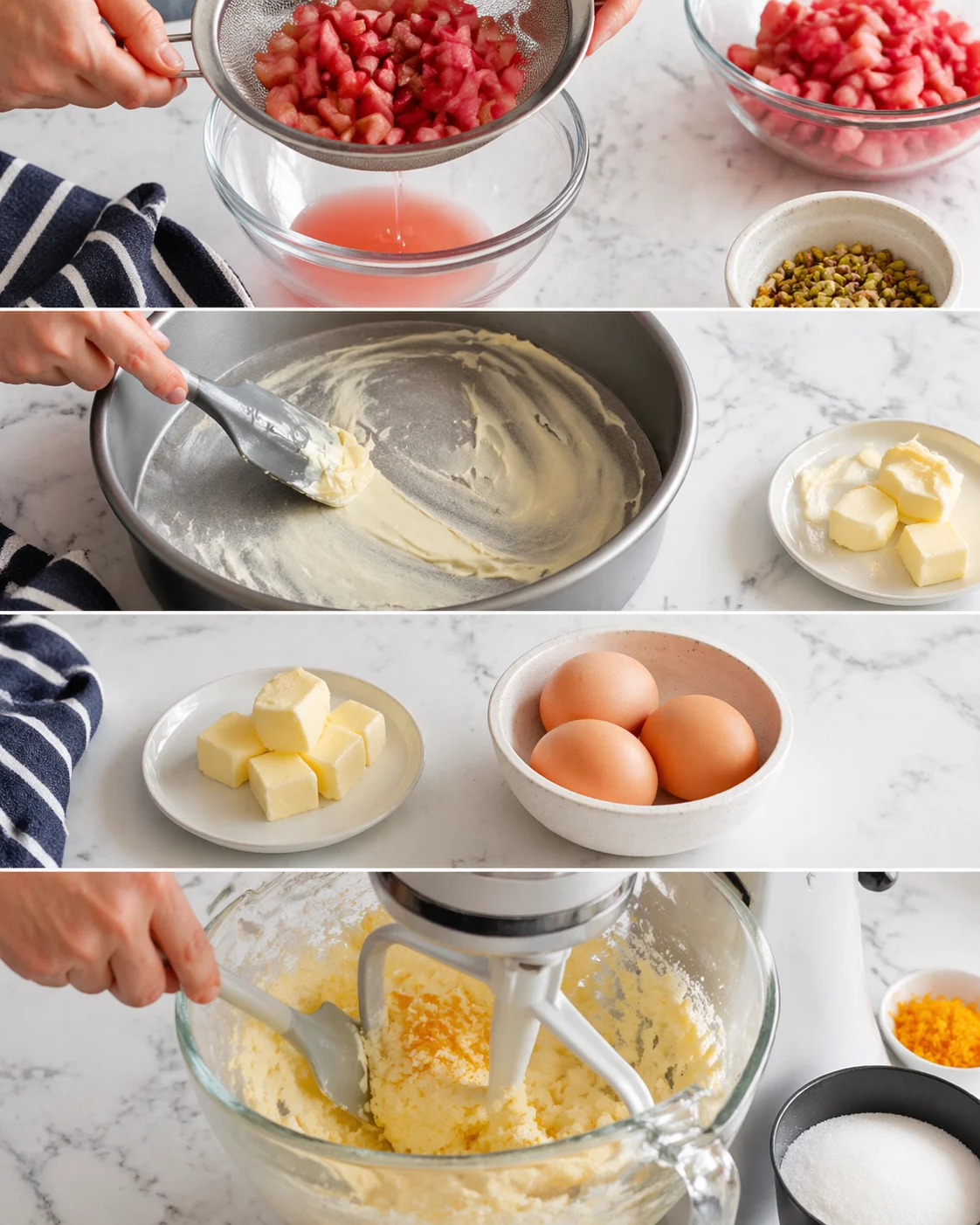 series of step-by-step kitchen shots: watermelon cubes strained, batter in pan, butter and eggs ready, mixer in action.