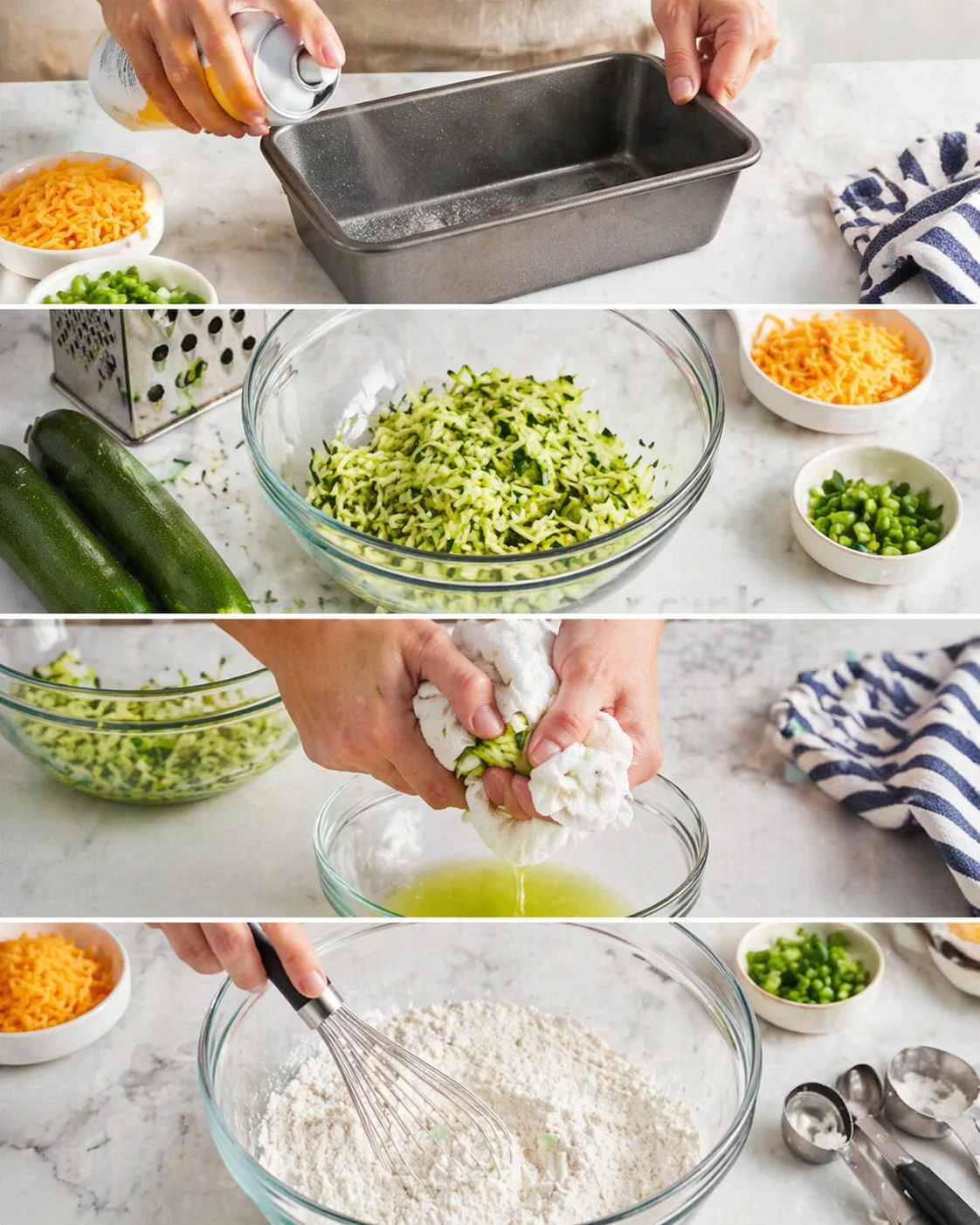 hands squeeze shredded zucchini into a glass bowl while prep bowls of cheese and peppers sit nearby.